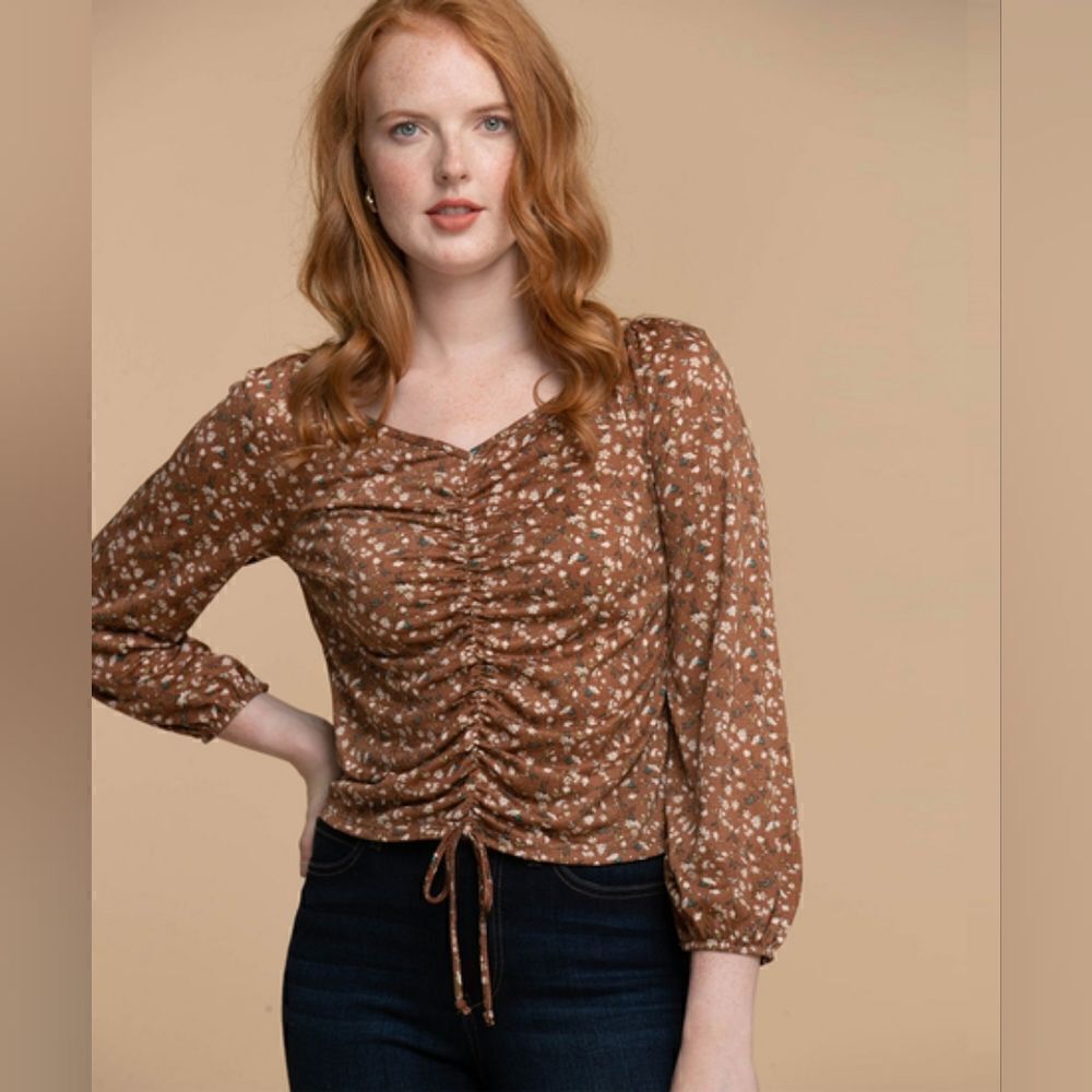 Ripe Long Sleeve Ruched Front Lightly-Ribbed V-Neck Women's Size Xl Top